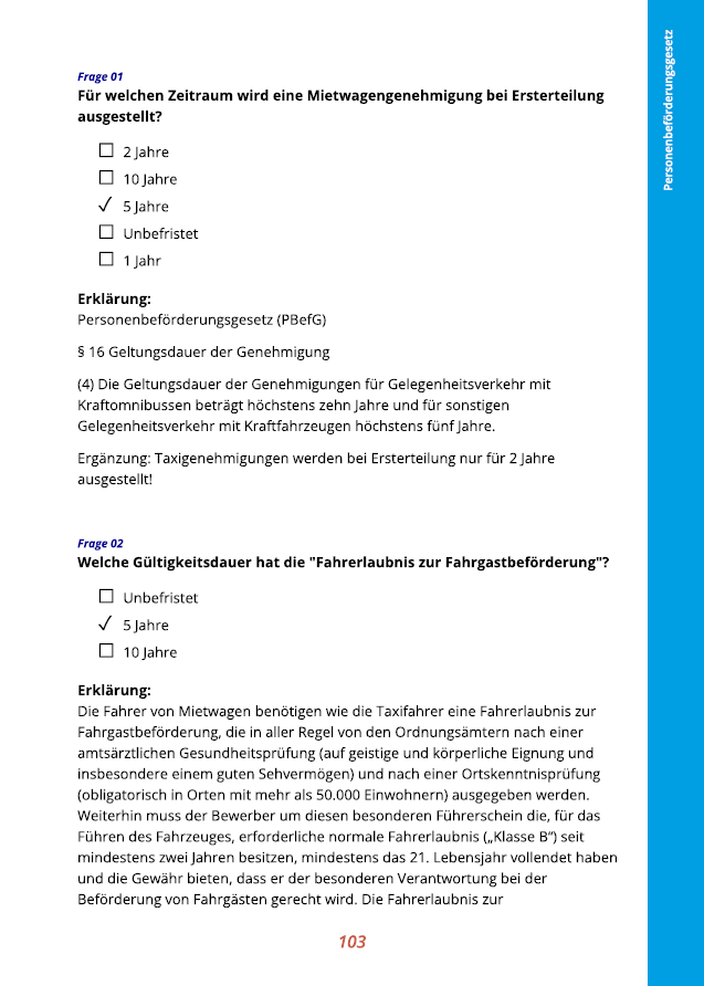 Ausbildung Betriebsleiter I Fragenkatalog Taxi-/Mietwagenverkehr